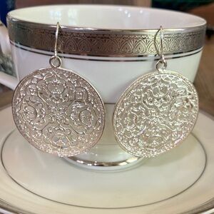 Silver Filigree Earrings Mandala  Disc Boho Statement Dangles